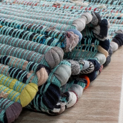 Turquoise Multi Stripe Handmade Cotton Square Rug 4' x 6'