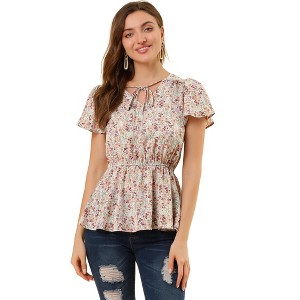 INSPIRE CHIC Women's Floral Print Smocked Flutter Sleeves Tie Collar Peplum Blouse - 1 of 4