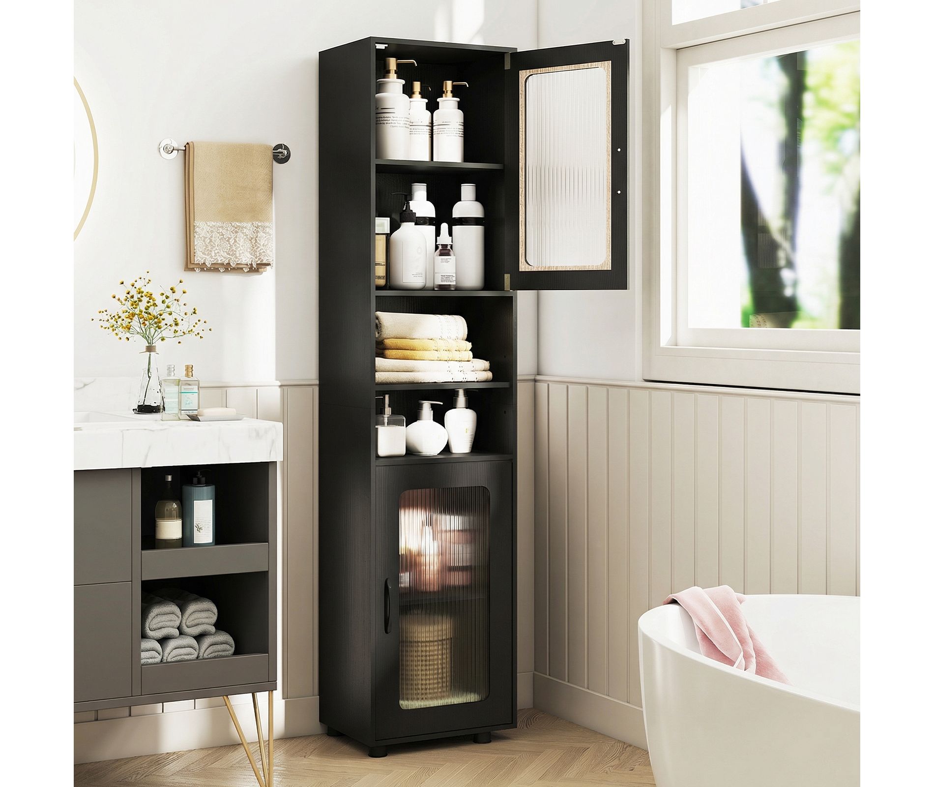 Costway Bathroom Cabinet, Slim Floor Storage Cabinet with 2 Fluted Doors,4 Rubber Feet Black