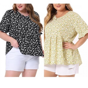 Women's Plus Size 2 Pieces Floral Pleated V Neck Ruffle Short Sleeve Casual Tiered Babydoll Blouses - Agnes Orinda - 1 of 4