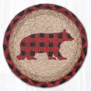 Earth Rugs Flannel Bear Round Coaster – 7"x7" Rustic Jute Lodge Accent with Plaid Wildlife Design - 1 of 3