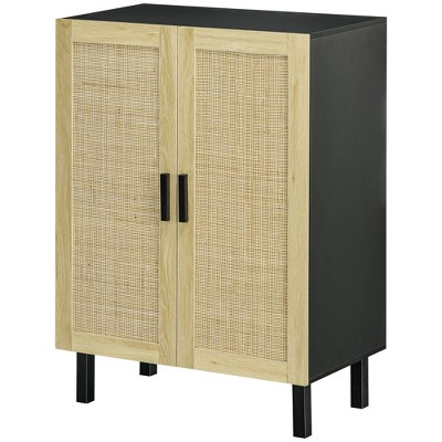 Yukimo Modern Boho Kitchen Cabinet, Buffet Cabinet with 2 Woven Rattan Doors and Adjustable Shelves, Black and Natural