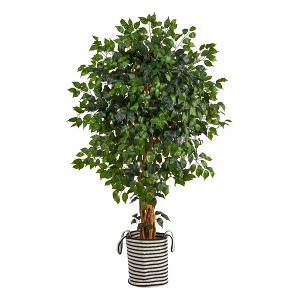 Nearly Natural 5.5-ft Palace Ficus Artificial Tree in Handmade Black and White Natural Jute and Cotton Planter - 1 of 4