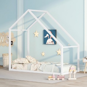 Twin Size Metal House Bed with Roof for Kids,Teens - 1 of 4