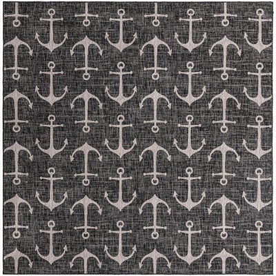 Charcoal and Ivory Nautical Anchor 10' Square Outdoor Rug