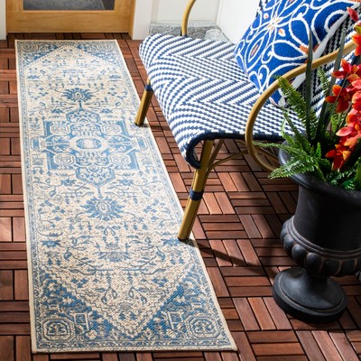 Blue and Creme Medallion Synthetic Indoor/Outdoor Runner Rug
