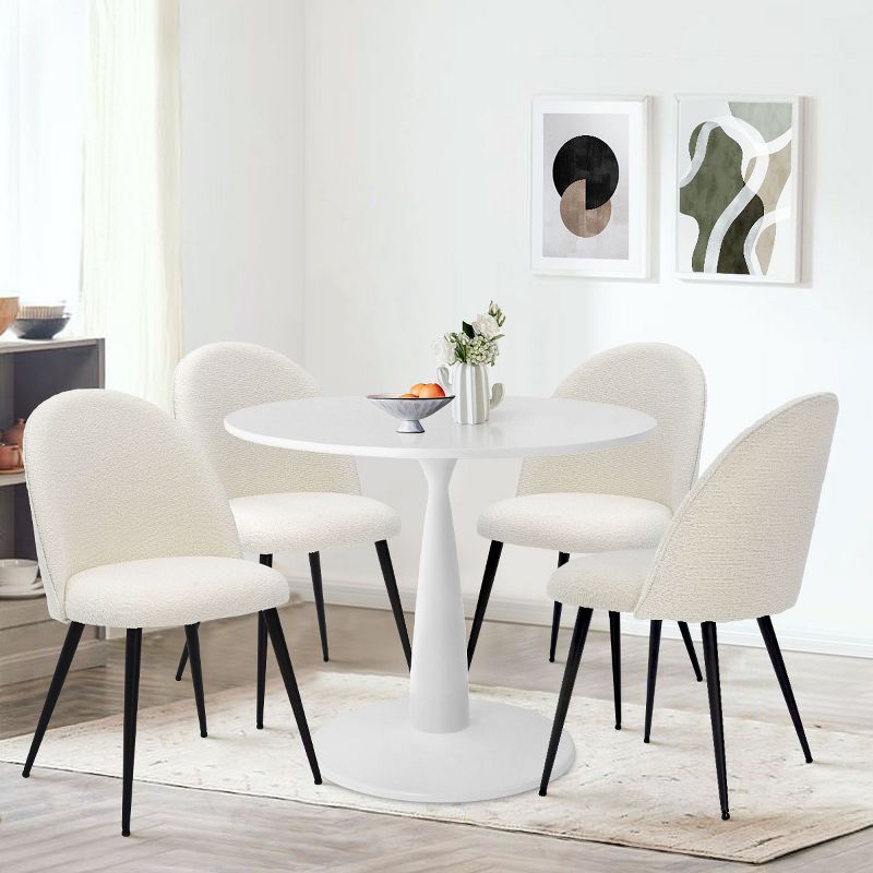 White Round Dining Table Set For 4,Round Pedestal Dining Table 35" With 4 Upholstered Boucle Dining Chair with Black Legs-Maison Boucle, 1 of 8