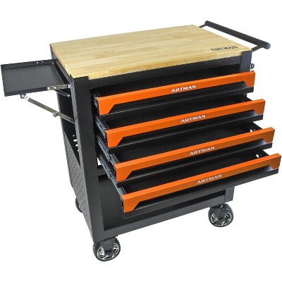 Acekool Rolling Tool Chest with 4 Drawers, Mobile Mechanic Storage Cart with Heavy-Duty Wheels and Side Holding Panel, Orange