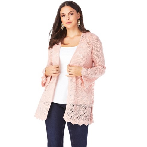 Roaman's Women's Plus Size Bell-Sleeve Pointelle Cardigan Sweater