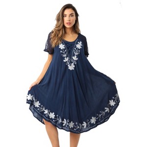 Riviera Sun Womens Short Sleeve Denim Embroidered Sundress - Lace Trim Summer Dress. - 1 of 4