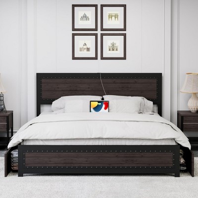 Full Bed Frame with Headboard, Platform Bed Frame with 4 Storage Drawers and Charge Station, Solid Metal Slats Support