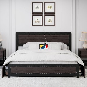 Full Bed Frame with Headboard, Platform Bed Frame with 4 Storage Drawers and Charge Station, Solid Metal Slats Support - 1 of 4
