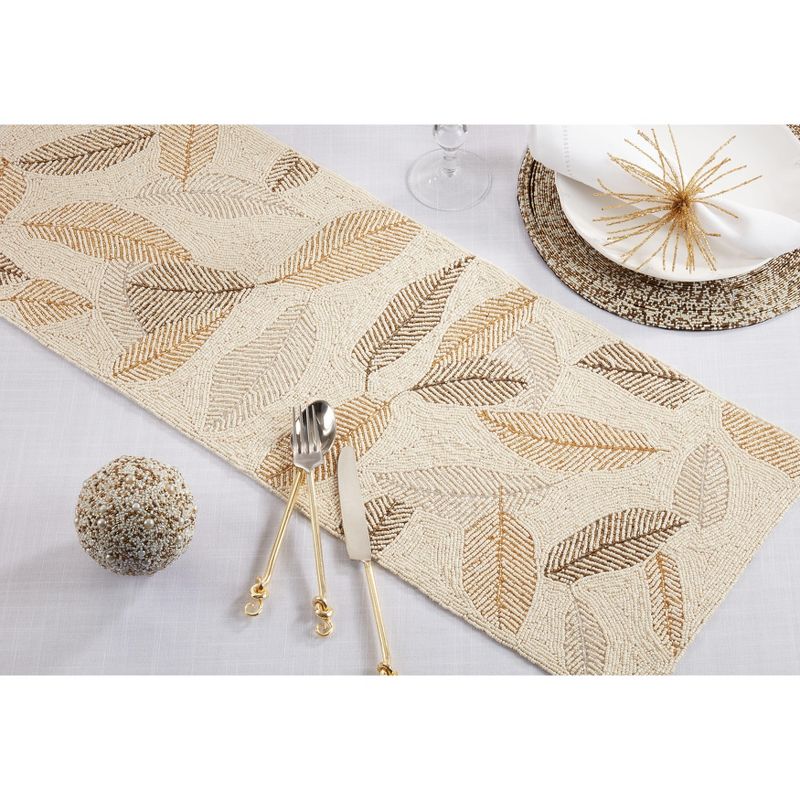 Saro Lifestyle Table Runner With Beaded Leaves Design, Gold, 13" x 36", 3 of 4