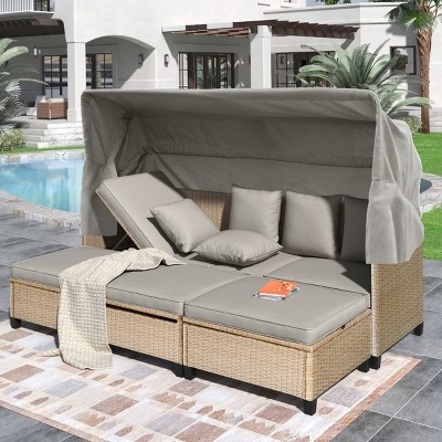 4-Piece Patio Chaise Lounges, UV-Proof Resin Wicker Daybed with Retractable Canopy and Lifting Table, Daybed with Foam Cushions-Coolbibila
