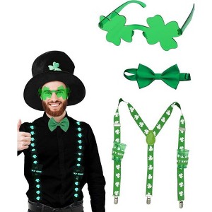 4E's Novelty St. Patrick's Day Glow-in-the-Dark Set: Suspenders, Shot Glass, Shamrock Glasses, Bowtie. Perfect Accessories for Leprechaun Costumes - 1 of 4