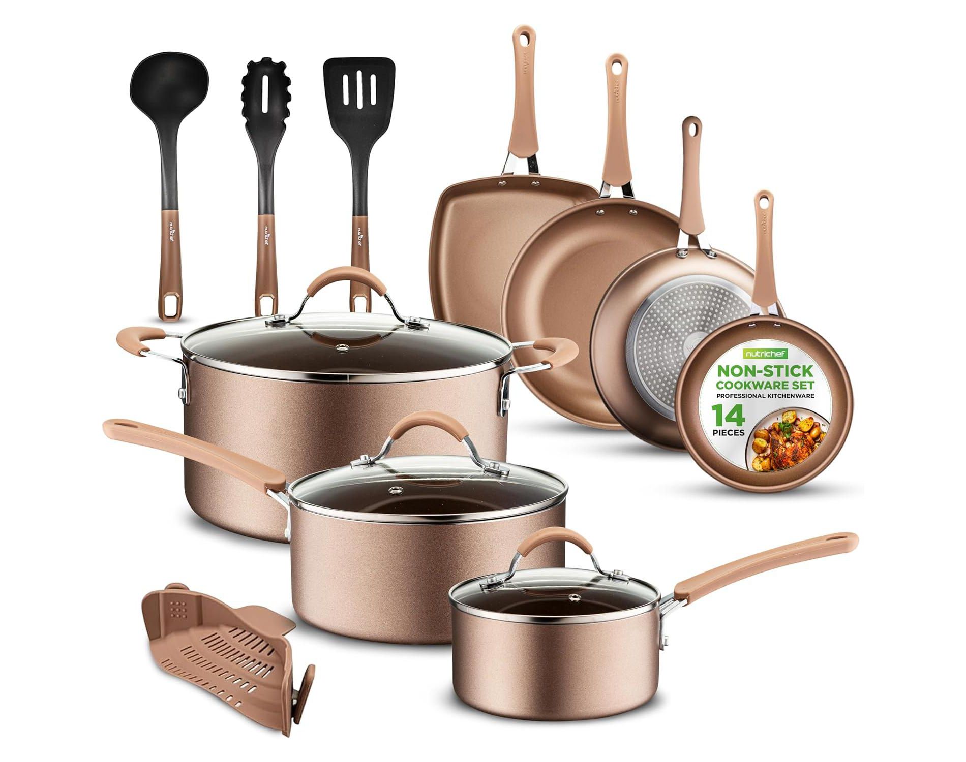 NutriChef 14-Piece Non-Stick Kitchen Cookware Set - Pots, Pans, and Kitchen Tools with Silicone Strainer (NCCW14S)