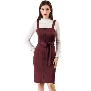 INSPIRE CHIC Women's Classic Button Decor Slim Fit Sleeveless Tie Waist Pinafore Overall Dress - 1 of 4