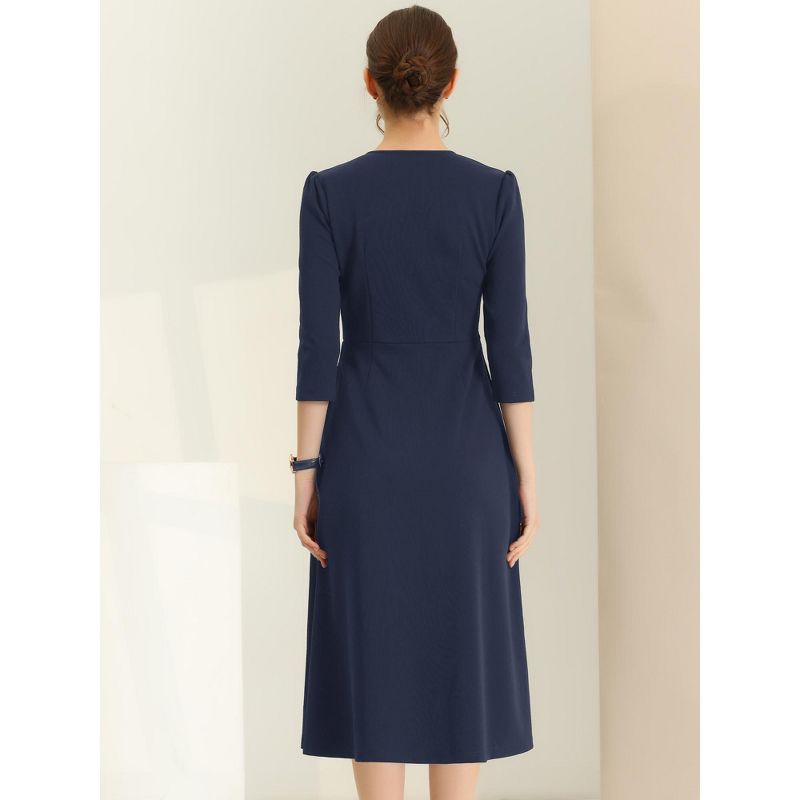 Allegra K Women's Elegant Split Neck Side Zipper Pockets 3/4 Sleeve Work A-Line Dress, 4 of 6