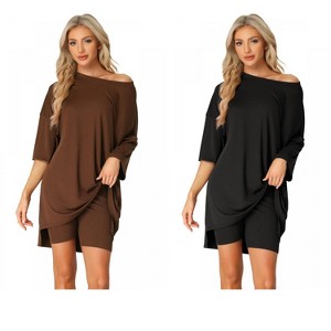 INSPIRE CHIC Women's 2 Pcs Knit Loungewear 3/4 Sleeve T-Shirt with Bike Shorts Pajama Set - 1 of 4