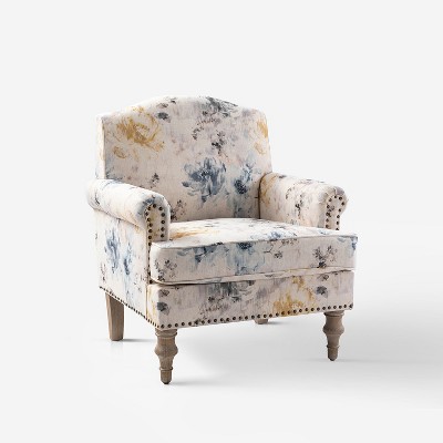 Yahweh Wooden Upholstered  Floral Pattern Design Armchair with Panel Arms and Camelback  | ARTFUL LIVING DESIGN