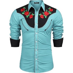COOFANDY Men's Western Cowboy Shirt Long Sleeve Slim Fit Rose Embroidered Cotton Casual Button Down Shirts S-XXL - 1 of 4
