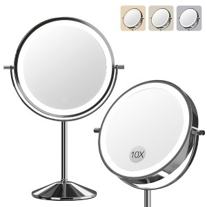 LED Makeup Mirror – 1× & 10× Magnification, 360° Rotatable, USB Rechargeable, 3-Color Lighting, Portable Cosmetic Mirror for Women - 1 of 4