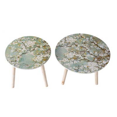 Vynxaria S/2 Nature-Inspired Side Tables: MDF Set with Painted Floral Tops, Small & Large for Living Room/Bedroom