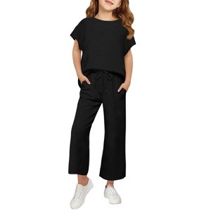 Mocamel Girl's Sports Simple Texture Casual Round Neck Short Sleeves and Loose Pant 2 piece Set - 1 of 4