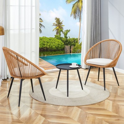 DOMETOUR 3-Piece Outdoor Set: 17.7 Round Coffee Table & 2 Rattan Swivel Chairs, Anti-Spill, Single Package, Patio Furniture