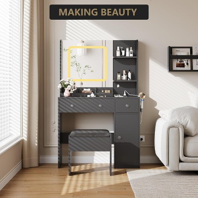 Vanity Desk and Stool with Mirror and Lights，Makeup Vanity with Charging Station, Drawers, Storage Shelves for Bedroom