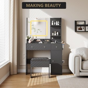 Vanity Desk and Stool with Mirror and Lights，Makeup Vanity with Charging Station, Drawers, Storage Shelves for Bedroom - 1 of 4