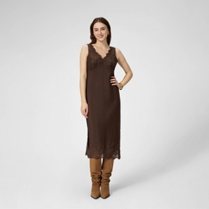 Vestido midi tipo slip con textura arrugada y encaje en el dobladillo para mujer - A New Day™ marrón