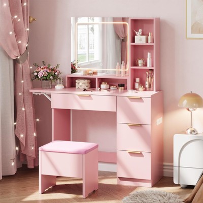 Makeup Vanity Set with LED Mirror,3 Modes, Storage, Stool, and Shelves, Wooden Dressing Table, Pink