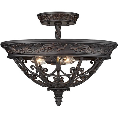 Elegant Scroll Rubbed Bronze Semi-Flushmount Ceiling Bowl Light, 20" Wide