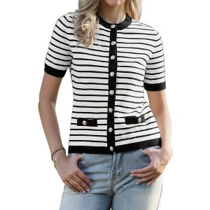 INSPIRE CHIC Women's Striped Short Sleeve Button Color Block Knitted Casual Crew Neck Cardigan - 1 of 4