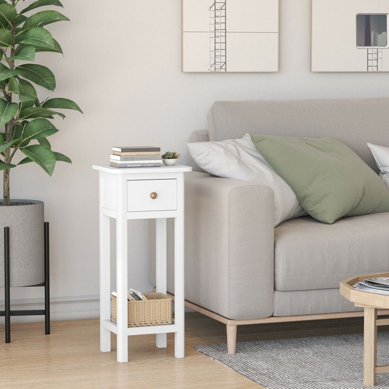Tangkula Narrow Side Table Small End Table for Small Spaces Farmhouse Acacia Wood Slim Sofa Table Thin Nightstand w/Drawer & Open Shelf White, 3 of 9