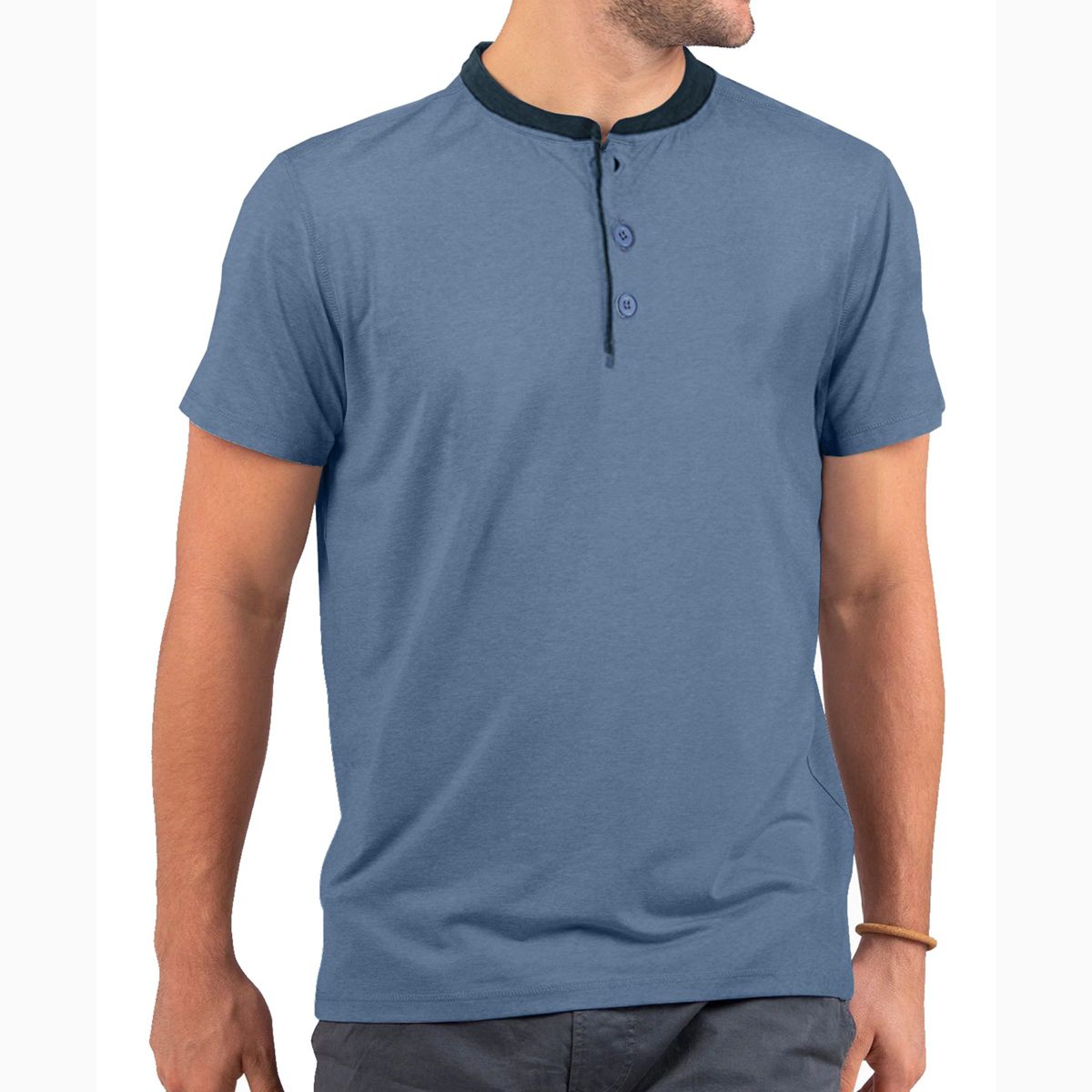 Men's Short Sleeve Henley T-Shirt with Contrast-Trim - thumbnail 10