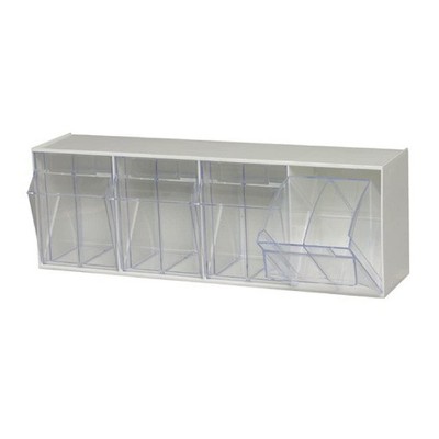 Quantum Storage Systems Tip Out Bin, (4) Compartment, Handle With Label Slot, Opens To A 45° Angle,