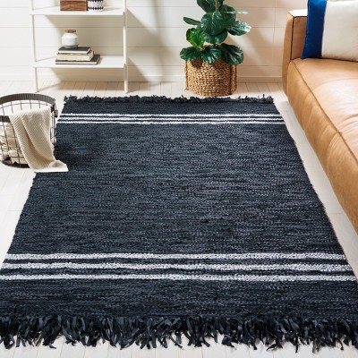 Handmade Black and Ivory Cowhide Leather Striped Area Rug, 5' x 8'