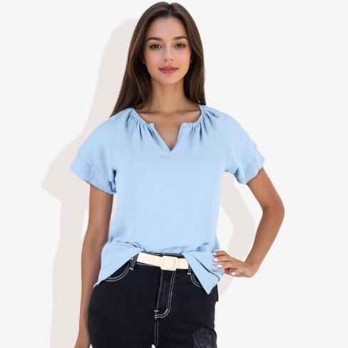 Anna-Kaci Women's Short Sleeve Puff Shoulder Tee with Crew Neck and Slim Fit