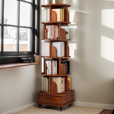 NicBex 68"/69" 6-Tier Rotating Bookshelf,360° Spinning Bookcase with Wheels,Corner Bookshelf for Living Room&Bedroom,Storage Shelf for Walnut Brown