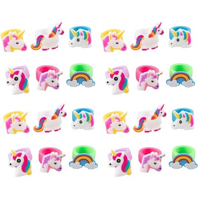 Juvale 24-Pack Rubber Rainbow Unicorn Toy Rings for Girls Birthday Party Favors Gifts