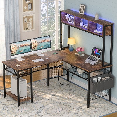 Aheaplus Corner L Desk with Hutch, Reversible Computer Table with LED Light and Charging Station