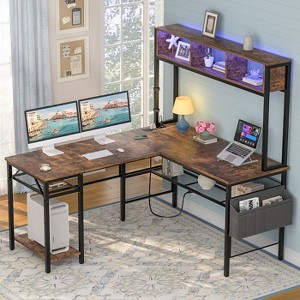 Aheaplus Corner L Desk with Hutch and Charging Station, Reversible Computer Table with LED Light - 1 of 4