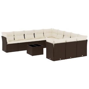vidaXL 12 Piece Patio Sofa Set with Cushions Brown Poly Rattan - Brown and Cream With Table - 1 of 4