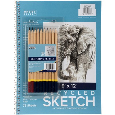 Artist Select Sketch Pad 9"X12" & 10pc Sketching Pencil Set-75 Sheets