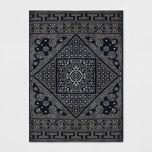 5' x 7' Medallion Outdoor Rug Navy - Threshold™: Woven Polypropylene, Rectangle, Hose Clean - 1 of 2
