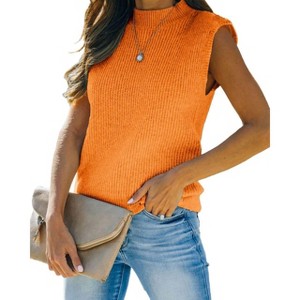 BLUEMING Sweater Vest for Women Summer Pullover Cap Sleeve Rib Knit Tops Mock Neck Sweater Tank Tops Sleeveless Summer Tops - 1 of 3