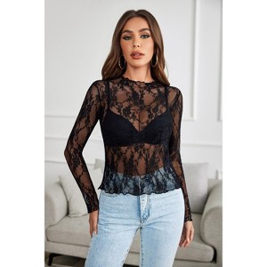 Avidlove Women's Mesh Top Long Sleeve Mock Neck Sheer Blouse Clear
