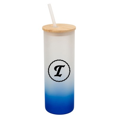 Elanze Designs I Monogram Letter Initial Rope Circle Wrap-Around Design 25 Ounce Frosted Gradient Glass On-The-Go Coffee Travel Skinny Tumbler Mug